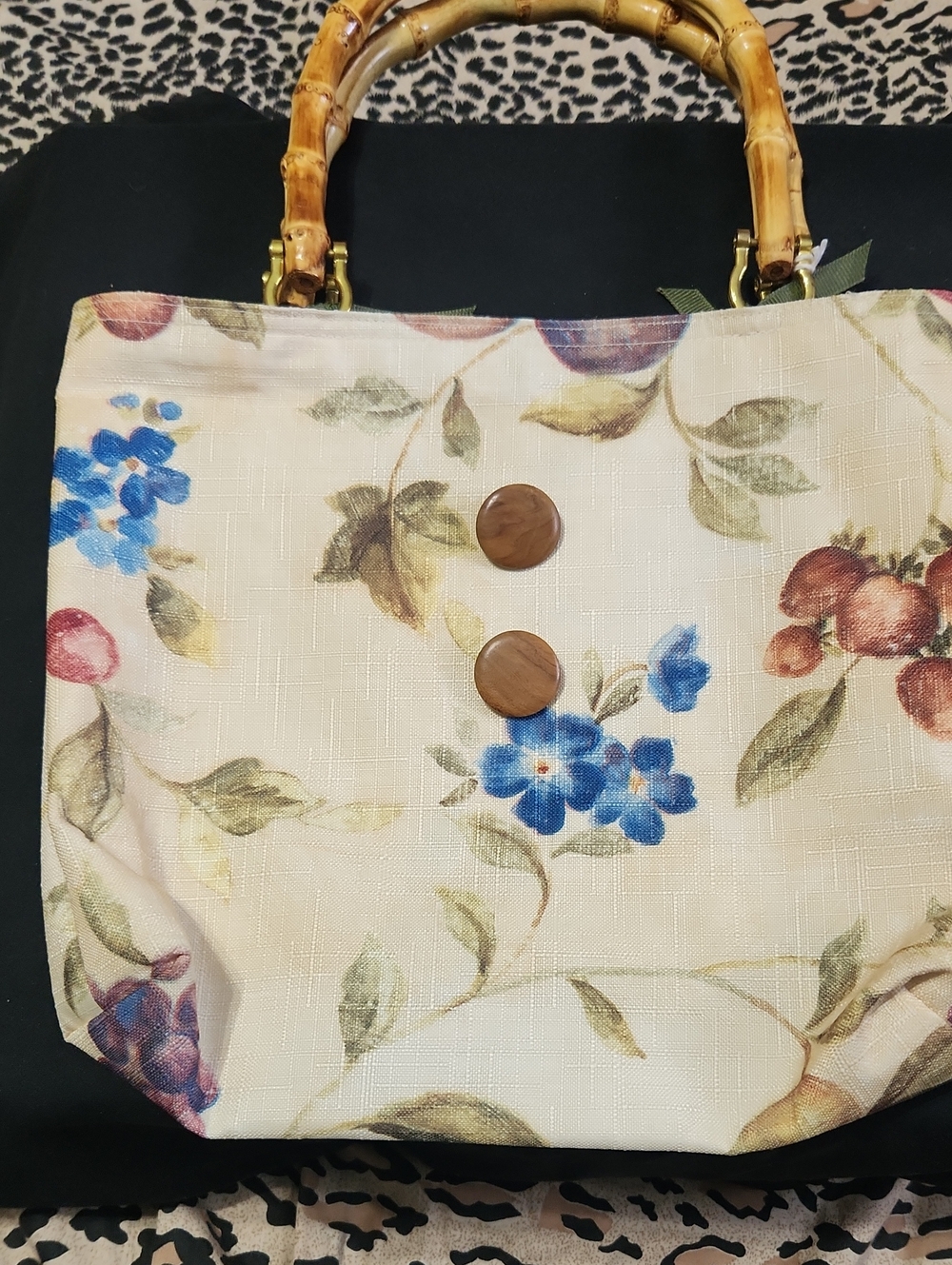 Floral Cream Hobo Bag with Bamboo Handles- Homemade